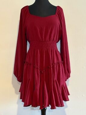 Women's Long-Sleeve Smocked Waist Mini Dress - Burgundy XL
